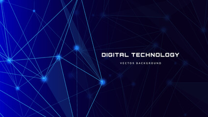 Digital technology banner with connected blue lines. Concept of neural network, AI digital circuit board tech, internet network speed, cyber nano information, big data. Vector abstract background