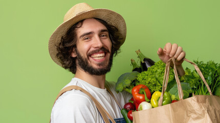 Beauty portrait of man surrounded by various healthy food lying. Healthy eating and sports lifestyle concept