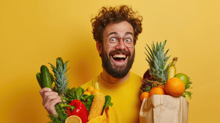 Beauty portrait of man surrounded by various healthy food lying. Healthy eating and sports lifestyle concept