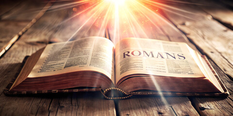 Open book bible, romans, word of god, light on the book, illustration, AI generated