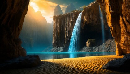 Wall Mural - waterfall at sunset