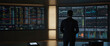 © HumblePride - shadowy world of buying stocks with a mesmerizing depiction of an businessman, their back presented in a half-turn, wearing suits in an office, seated in front of a commanding monitor, engrossed