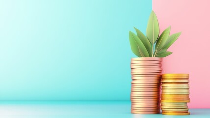 A stack of coins with a green plant symbolizing growth and financial success against a colorful background.