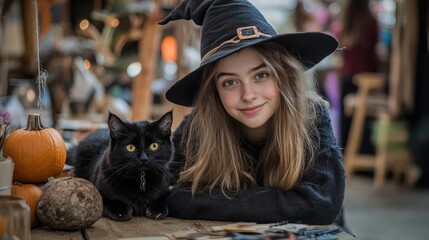 Young woman in witch hat with black cat, pumpkins, and magical setting.