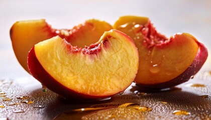 Poster - Peach slices with juice droplets.