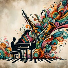 Wall Mural - Jazz music street art with piano musical instrument silhouette. Ink colorful graffiti art on a textured wall.