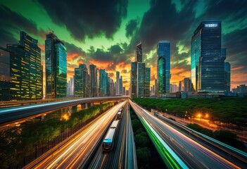 vibrant city skyline featuring innovative transportation solutions high rise buildings modern infrastructure, architecture, cityscape, urban, development