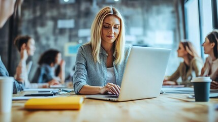 Sticker - Blonde casual businesswoman using a laptop during a meeting, showcasing modern work culture