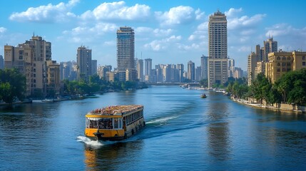 Wall Mural - Nile river with a boat by the luxurious buildings of modern Cairo Egypt : Generative AI