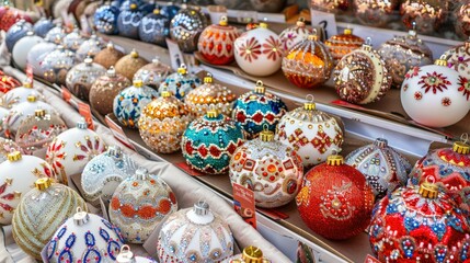 Canvas Print - A collection of red and white beadwork-decorated Christmas ornaments