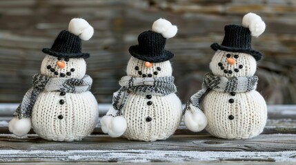 Canvas Print - Three snowmen with black top hats and white scarves 