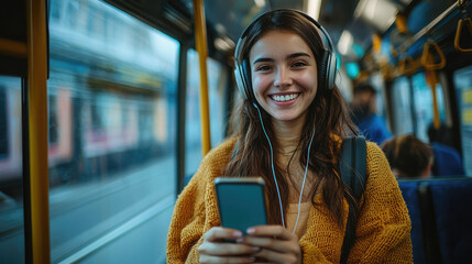 young woman passenger standing with headphones and smartphone while moving in the modern tram, enjoy