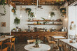 © Hunman - Chic cafe interior with white brick texture accent walls.