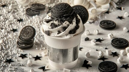 A bowl of ice cream with lots of Oreo crumbs on top