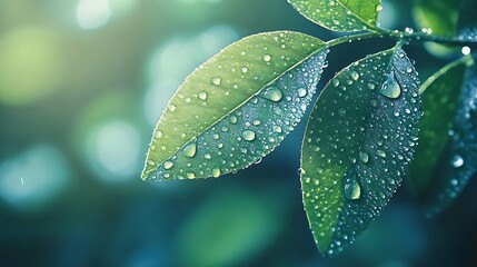 Aufkleber - Beautiful details of nature Morning dew drops on fresh green leaf Summer nature macro pattern fresh rain drops on green leaf Peaceful tranquil ecology Beauty in nature Relaxing soft bl : Generative AI