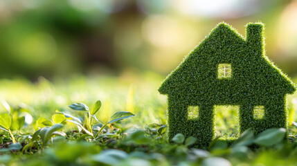 A small house model covered in green grass stands on lush lawn, symbolizing eco friendly living and sustainability.