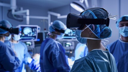 VR glasses technology, medical innovation wearing virtual reality glasses examines patient. New type of doctor training