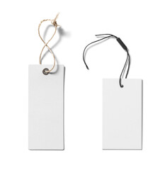 Two blank tags with different types of loops are displayed, one tied with natural twine and the other with an elastic band, ideal for versatile labeling