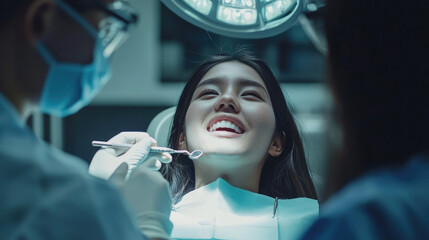 Dentist and nurse making professional teeth cleaning female young patient at the dental office