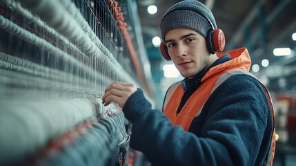 Aufkleber - Textile industry Factory worker with earmuffs standing by large industrial knitting machine and checking threads : Generative AI