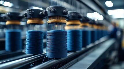 Aufkleber - Textile industry machine with threads and worker in background : Generative AI