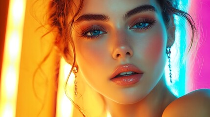 Fashion model woman in colorful bright lights with trendy makeup  Beautiful girl with earrings  jewelry  Beauty and accessories Neon  and orange with green color : Generative AI