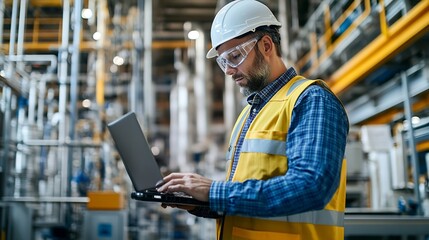 Poster - Industrial Engineer Working at a Technology Factory Middle Aged Male Using Laptop Computer at Work Browsing Electronics Information Online Mans Back in Safety Vest Turned to Camera : Generative AI