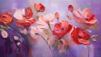 Wall Mural - Rough palette knife oil painting of pastel red flowers. Hand drawn art.