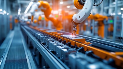 Wall Mural - Industrial Robot Arms Assemble LithiumIon EV Battery Pack Row of White Robotic Arms at Automated Production Line at Bright Modern Factory Electric Car Manufacturing Inside Automotive S : Generative AI