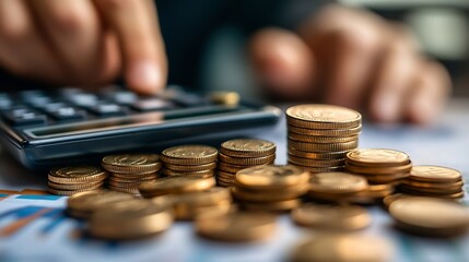 Leinwandbilder - Business finance and investment currency exchange concept Accountant using calculator with coins and financial report economic graph growth finance background : Generative AI