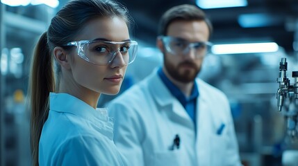 Fototapete - Handsome manager train female technician to work in automated production factory Industrial engineer teamwork standing in manufacturing facility discussing machinery technology in high : Generative AI