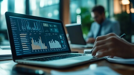 Fototapete - Advice teamwork and people at laptop with graphs charts or data analysis for business growth Research stats and collaboration at computer for sales development profit or finance budget : Generative AI