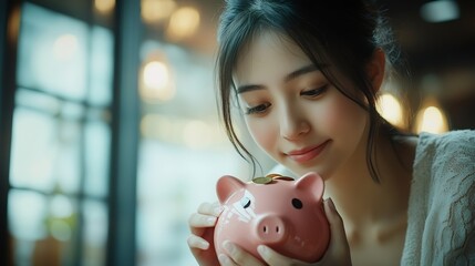 Poster - Saving money wealth concept asian young business woman hand putting coin into piggy for saving cost cash finance planning to spend enough money on her income for save money payment tax : Generative AI