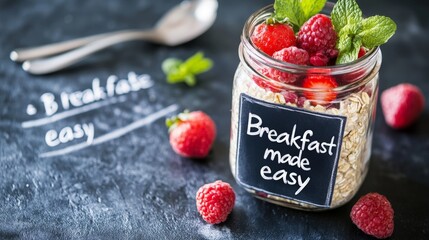 a mason jar filled with overnight oats and fresh fruit, text 