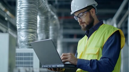 Leinwandbilder - engineer using laptop checking industry cooling air conditioner water cooling tower air chiller of large industrial building to control air system at construction site : Generative AI
