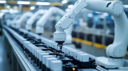 Poster - Row of White Robotic Arms at Automated Production Line at Factory Electric Car Manufacturing Line Inside Automotive Smart Factory Industrial Robot Arms Assemble LithiumIon EV Battery P : Generative AI