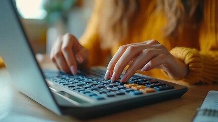 Poster - Doing finance budgeting and tax calculation Close up woman hand using calculator to calculate home finance accounting with laptop computer on table budget management monthly expenses : Generative AI