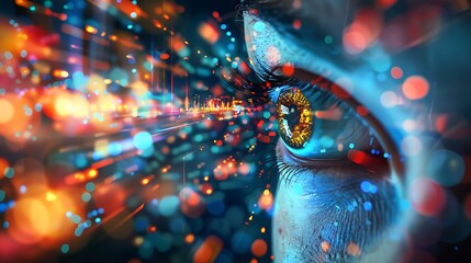 Wall Mural - Human eye rendered with digital effects, appearing to see the future through a sea of data.