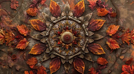 Abstract autumn mandala of yellow leaves.