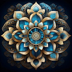 Wall Mural - Elegant Golden, Blue Metal Mandala on Dark Background: High-Definition Vibrant Abstract Colorful Floral with Ornamental Patterns. 3D Mandala Design.