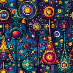 Wall Mural - brightly colored abstract art with circles and shapes on a dark background