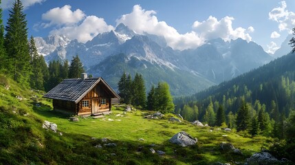 mountain landscape hut nature sky alps mountain hut house forest summer mountain range milk wagon karwendel panorama blue grass meadow bavaria alpine view mountain landscape summit : Generative AI