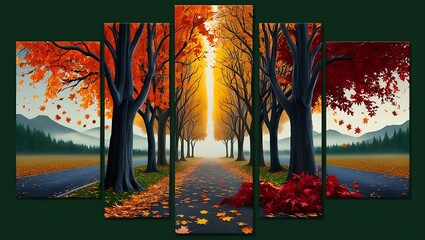 Three autumn scenes with colorful trees, winding roads, fallen leaves, misty mountains, and fog. Great for nature websites or fallthemed designs.
