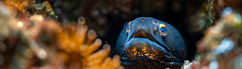 Wall Mural - Moray Eel Peeking from Rocky Ocean Hideaway in Vibrant Underwater Habitat