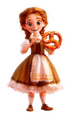 Wall Mural - A young girl in a traditional Bavarian costume holds a salty pretzel. Illustration for Oktoberfest on a white background.