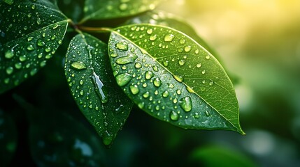 Poster - Closeup green leaf with drops of water Drops of dew in morning glow in the sun Beautiful leaf texture in nature Natural summer background stunning and dramatic green lush foliage artis : Generative AI