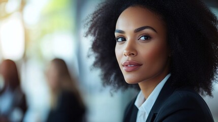 Wall Mural - Close-up of a businesswoman discussing project strategies with her team, focusing on leadership and engagement