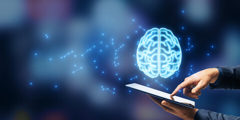 Canvas Print - Digital brain hologram above a tablet with a blurred background representing technology and artificial intelligence.