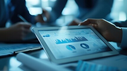 Poster - Close-up of financial growth charts on a tablet in a business meeting