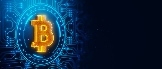 Poster - Glowing Bitcoin symbol on digital circuit background. 3D Rendering